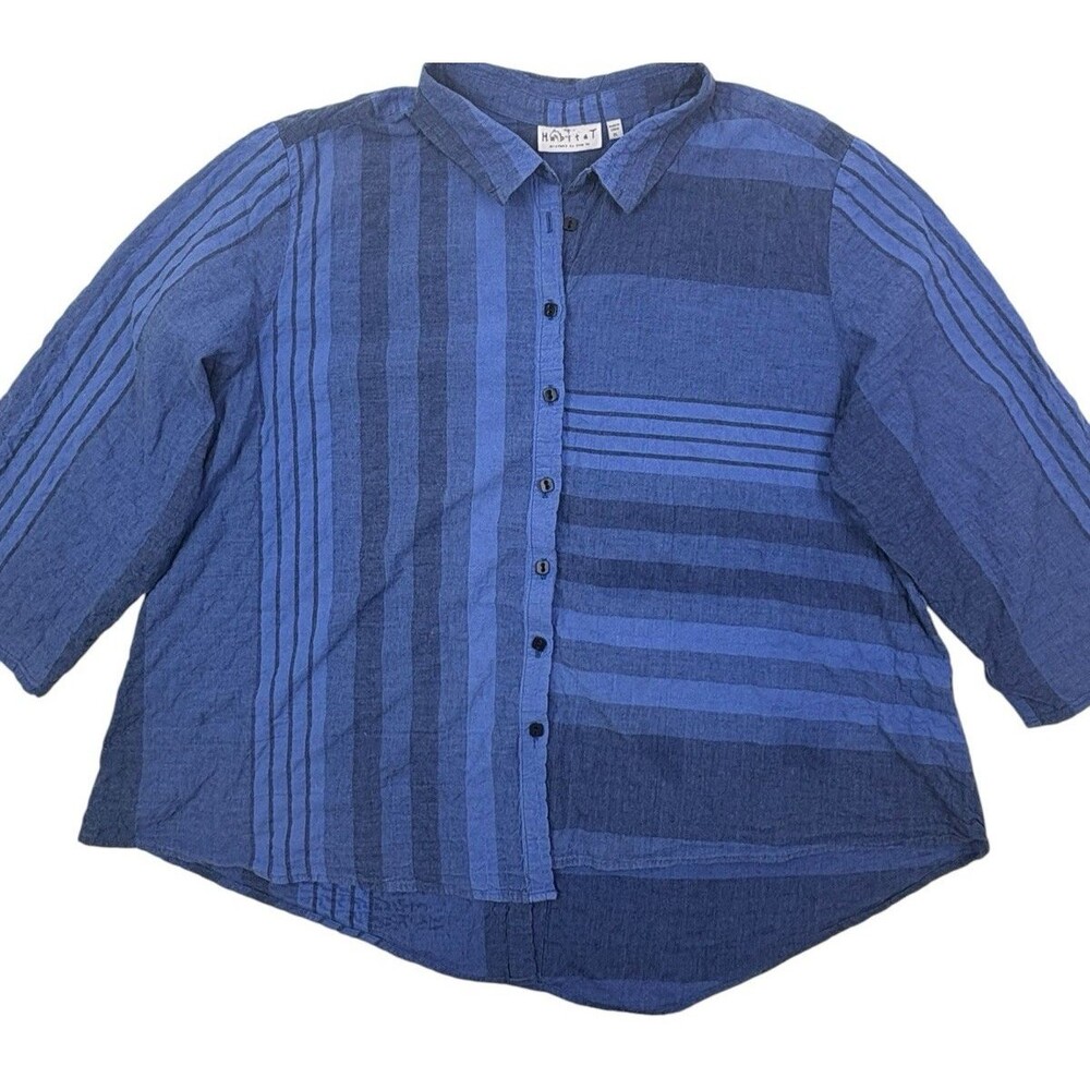 Habitat Lagenlook Crinkle Blouse XL Blue Stripe Asymmetrical Back Button